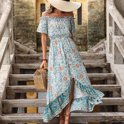 Floral Off-Shoulder Maxi Dress with Button Front and High-Low Hem