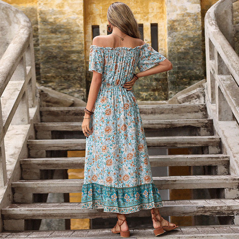 Floral Off-Shoulder Maxi Dress with Button Front and High-Low Hem