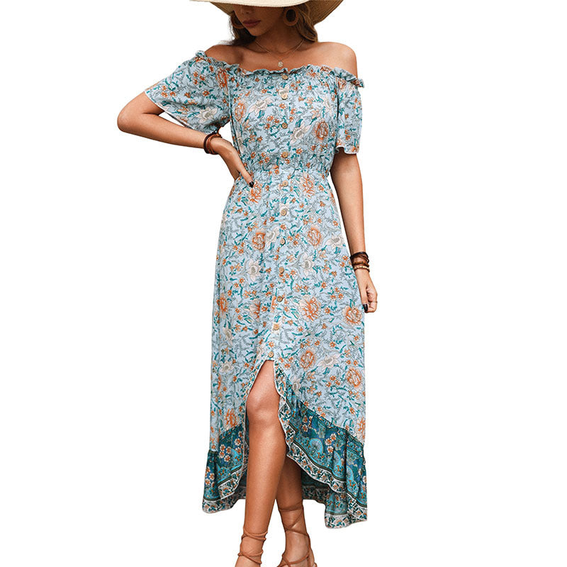 Floral Off-Shoulder Maxi Dress with Button Front and High-Low Hem