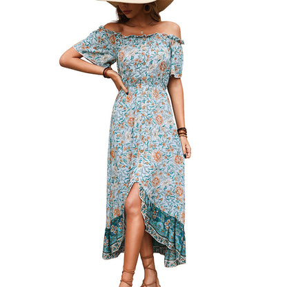 Floral Off-Shoulder Maxi Dress with Button Front and High-Low Hem