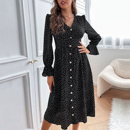 Polka Dot A-Line Midi Dress with V-Neck and Button Front