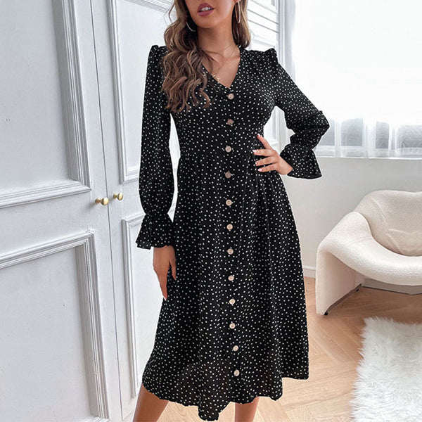Polka Dot A-Line Midi Dress with V-Neck and Button Front