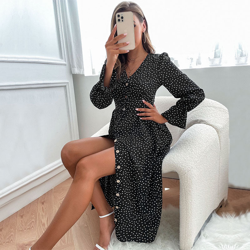 Polka Dot A-Line Midi Dress with V-Neck and Button Front