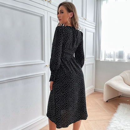 Polka Dot A-Line Midi Dress with V-Neck and Button Front