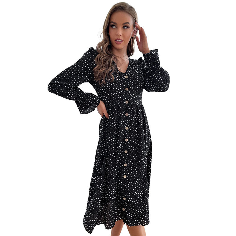 Polka Dot A-Line Midi Dress with V-Neck and Button Front