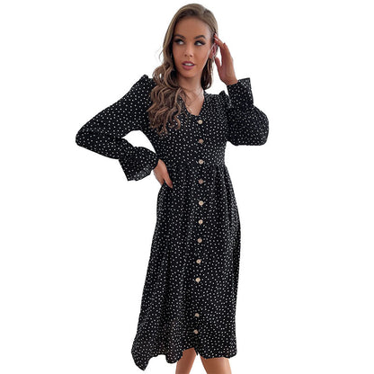 Polka Dot A-Line Midi Dress with V-Neck and Button Front