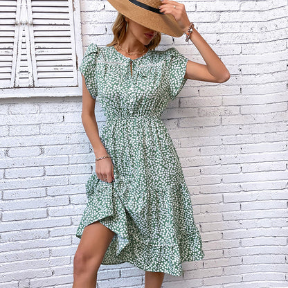 Ditsy Floral Midi Dress with Tie-Neck and Flutter Sleeves