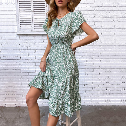 Ditsy Floral Midi Dress with Tie-Neck and Flutter Sleeves