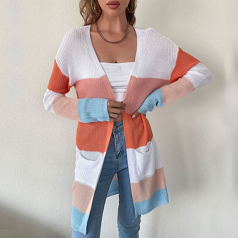 Color-Blocked Longline Cardigan with Patch Pockets