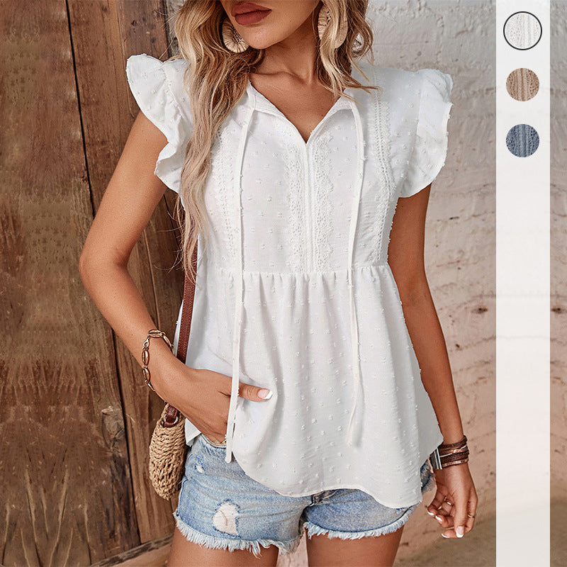 Swiss Dot Blouse with V-Neck and Ruffled Sleeves