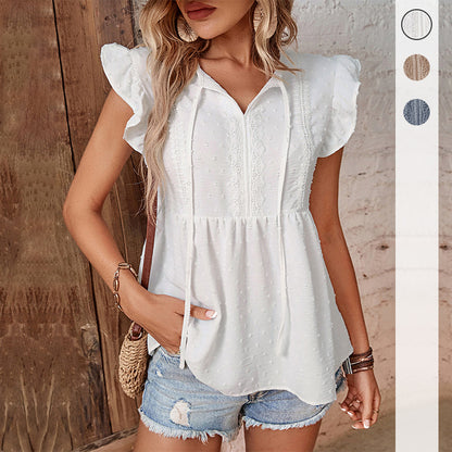 Swiss Dot Blouse with V-Neck and Ruffled Sleeves