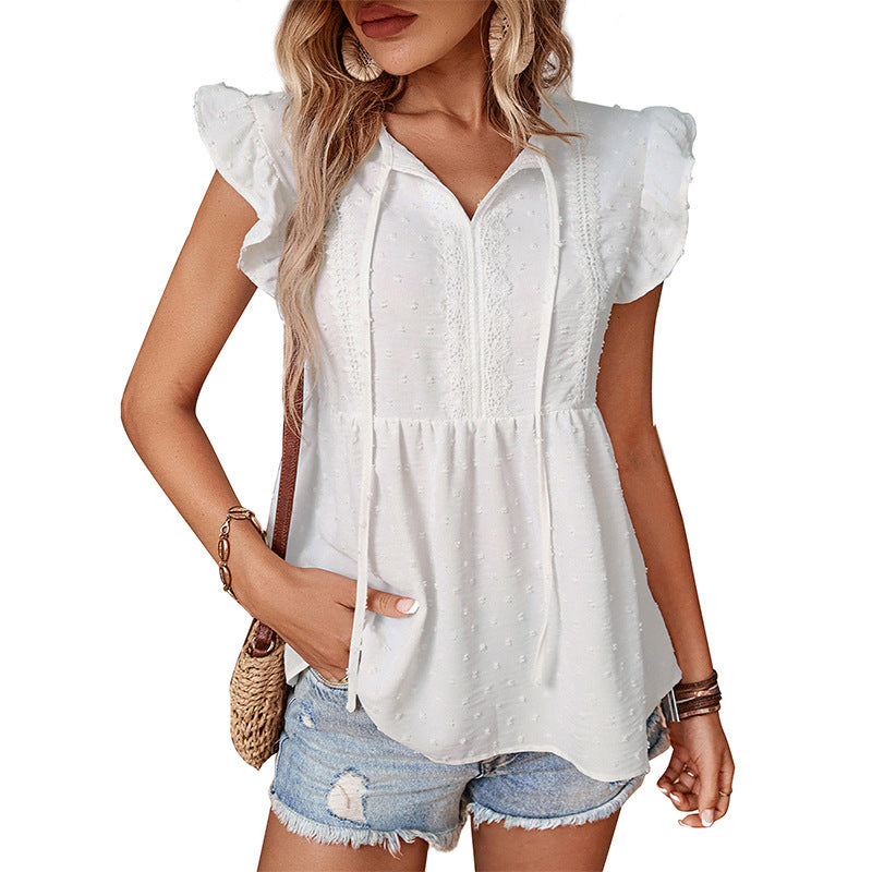 Swiss Dot Blouse with V-Neck and Ruffled Sleeves