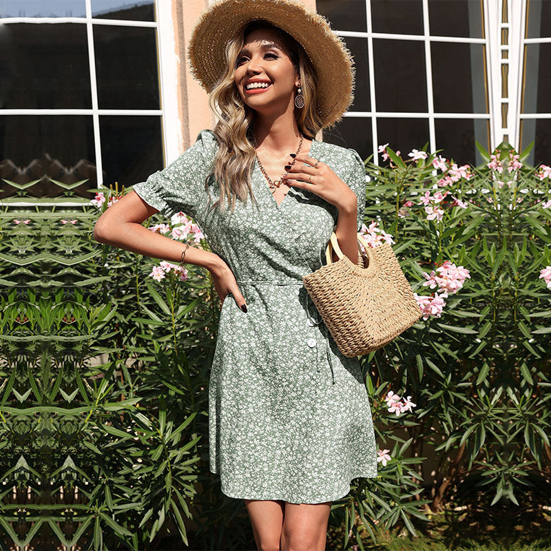 Floral Print A-Line Mini Dress with V-Neck and Tie-Waist