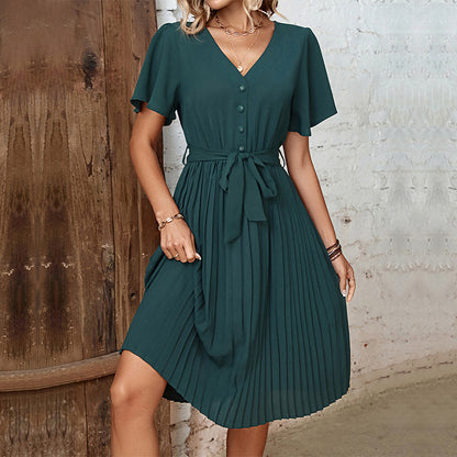 Solid Pleated Midi Dress with V-Neck and Tie-Waist
