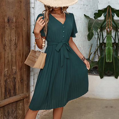 Solid Pleated Midi Dress with V-Neck and Tie-Waist