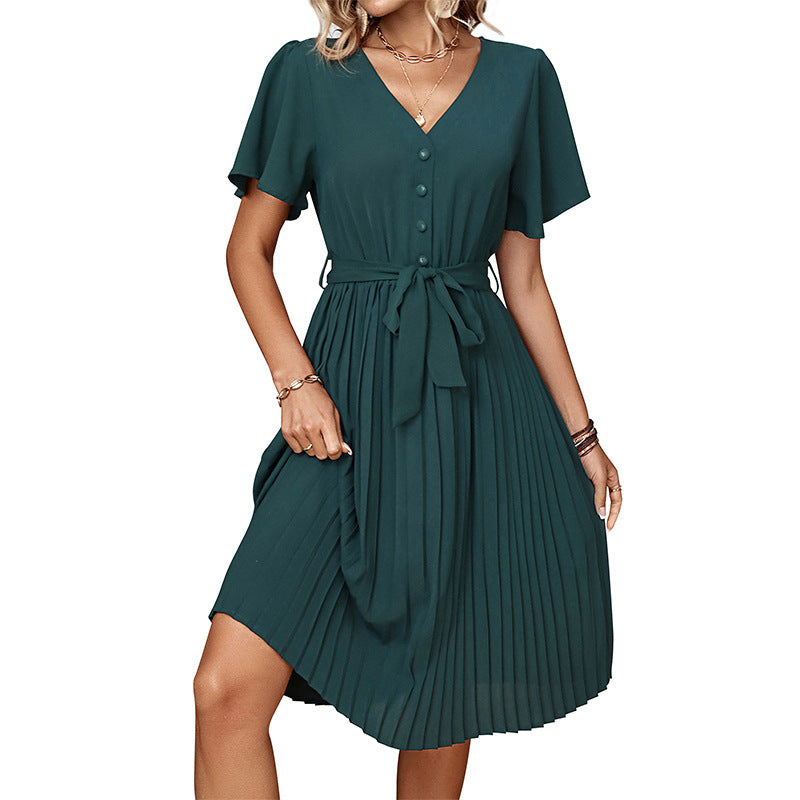 Solid Pleated Midi Dress with V-Neck and Tie-Waist