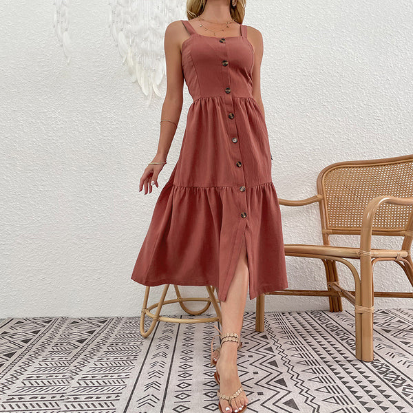 Spaghetti Strap A-Line Midi Dress with Button Front