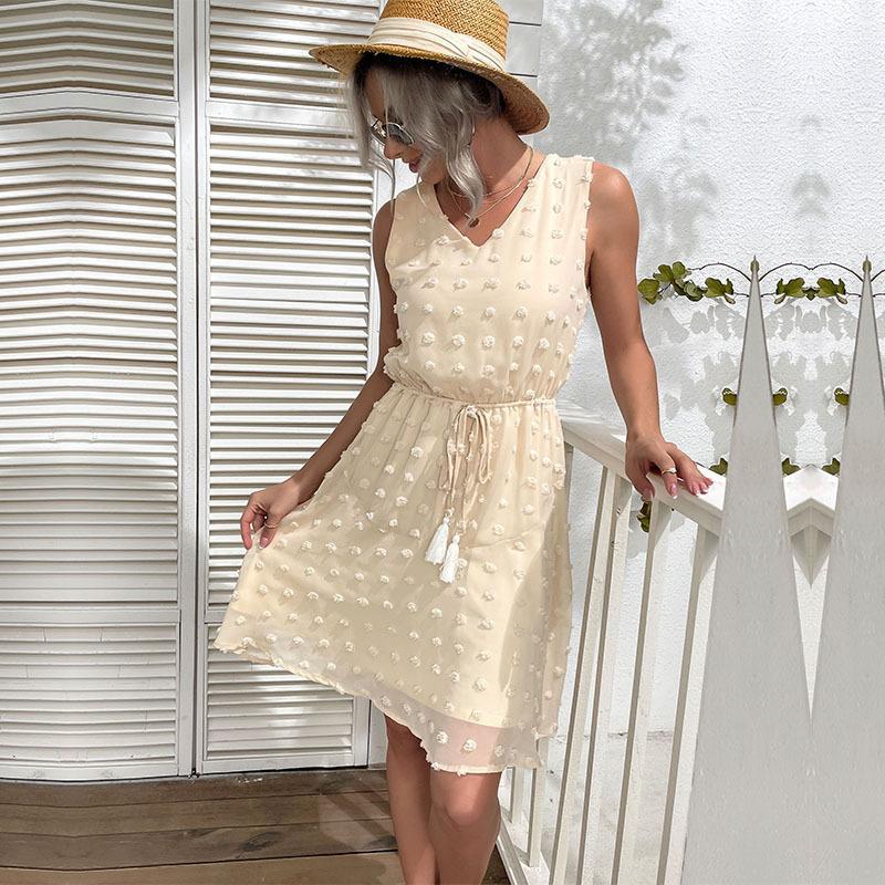 A-Line Swiss Dot Chiffon Dress with Tassel Tie Waist