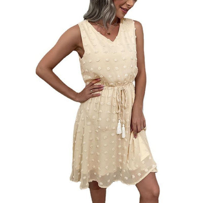 A-Line Swiss Dot Chiffon Dress with Tassel Tie Waist