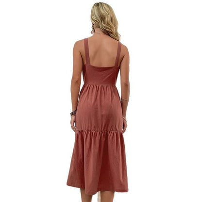 Spaghetti Strap A-Line Midi Dress with Button Front