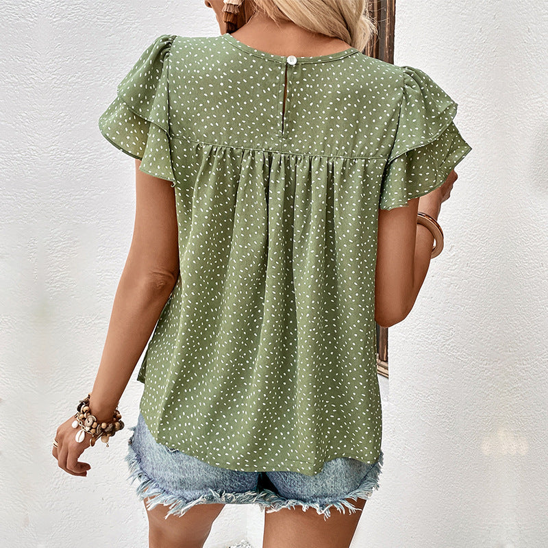 Loose Fit Speckled Print Blouse with Ruffled Sleeves