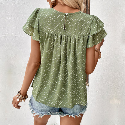 Loose Fit Speckled Print Blouse with Ruffled Sleeves