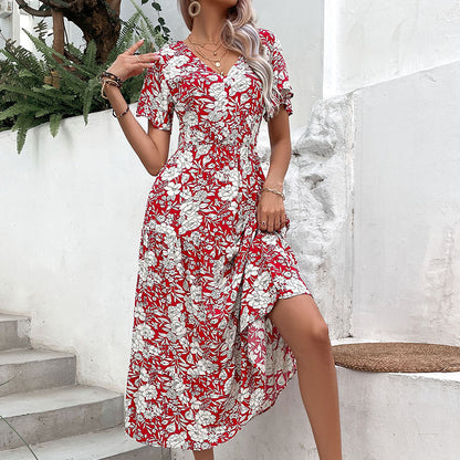 A-Line Midi Dress with Floral Print and V-Neck