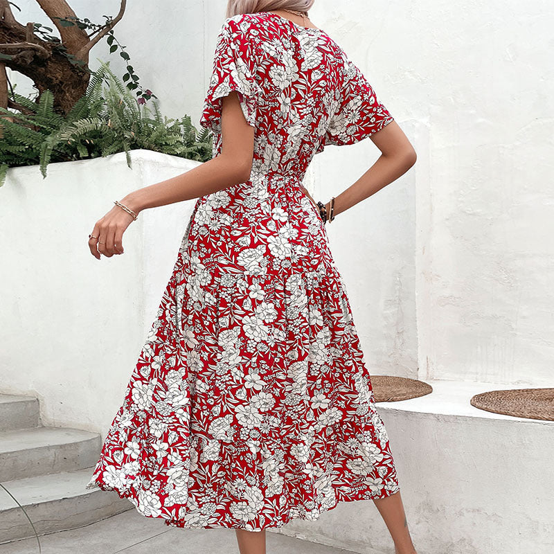 A-Line Midi Dress with Floral Print and V-Neck