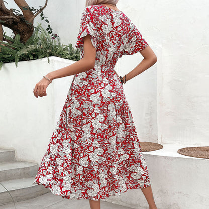 A-Line Midi Dress with Floral Print and V-Neck