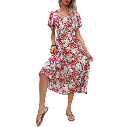 A-Line Midi Dress with Floral Print and V-Neck