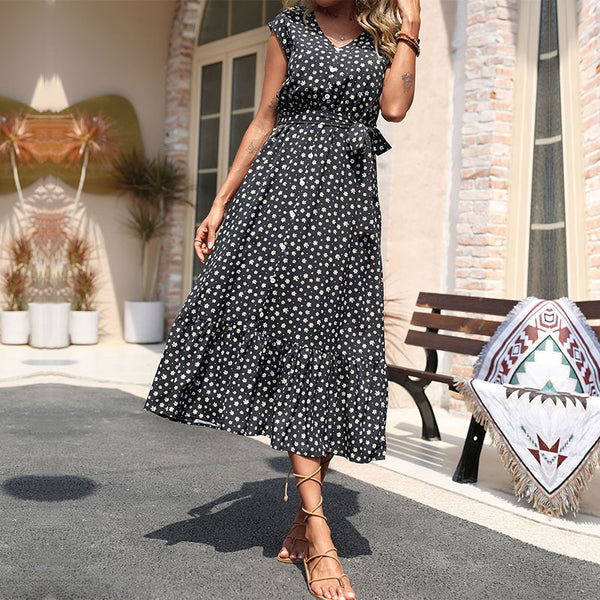 Floral A-Line Midi Dress with V-Neck and Tie Waist