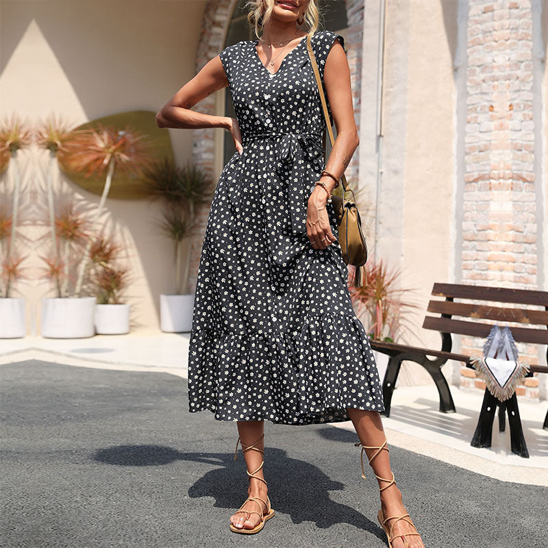 Floral A-Line Midi Dress with V-Neck and Tie Waist