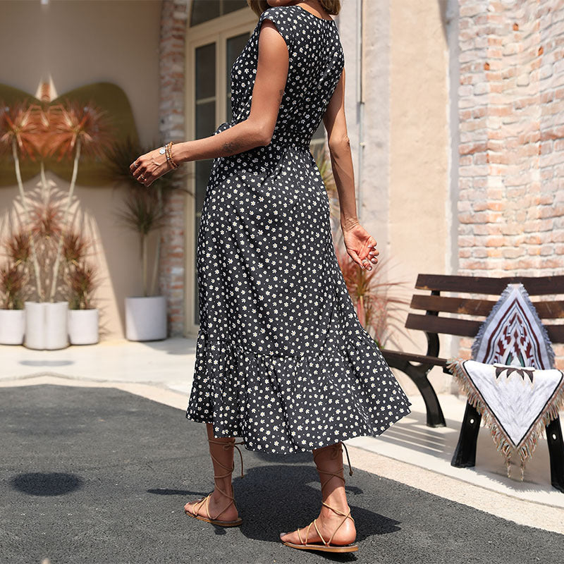Floral A-Line Midi Dress with V-Neck and Tie Waist