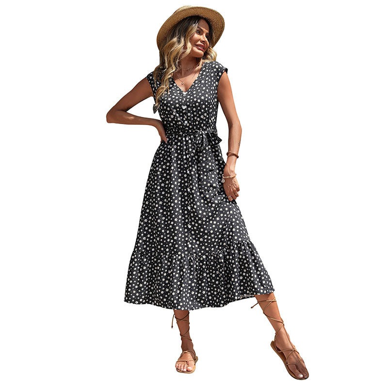 Floral A-Line Midi Dress with V-Neck and Tie Waist