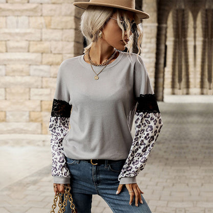Waffle Knit Patchwork Top with Leopard Print and Lace Detail