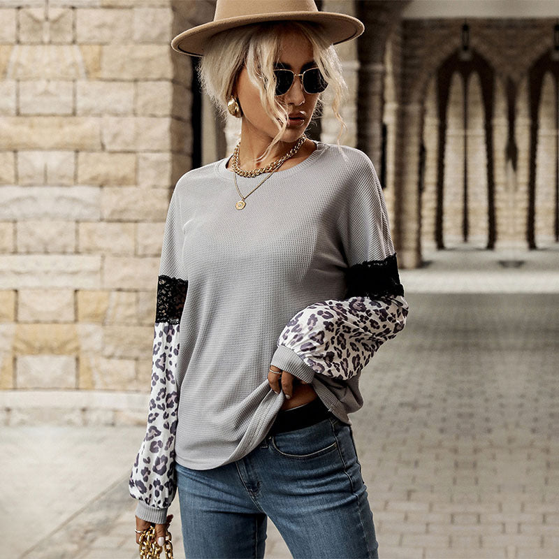 Waffle Knit Patchwork Top with Leopard Print and Lace Detail