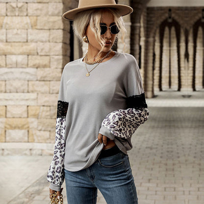 Waffle Knit Patchwork Top with Leopard Print and Lace Detail