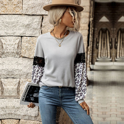 Waffle Knit Patchwork Top with Leopard Print and Lace Detail