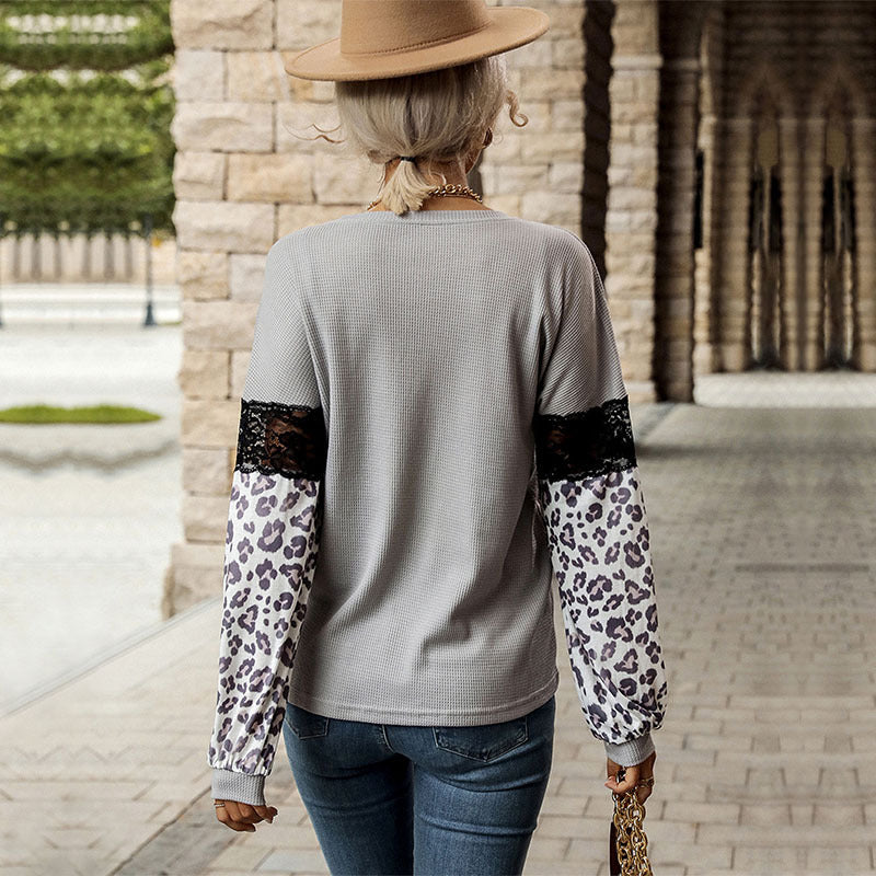 Waffle Knit Patchwork Top with Leopard Print and Lace Detail