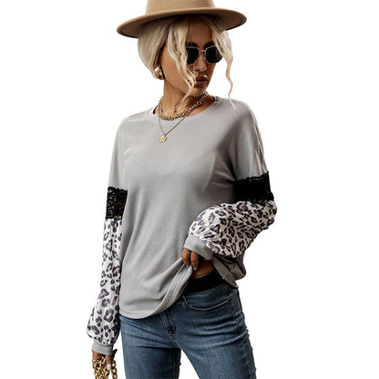Waffle Knit Patchwork Top with Leopard Print and Lace Detail