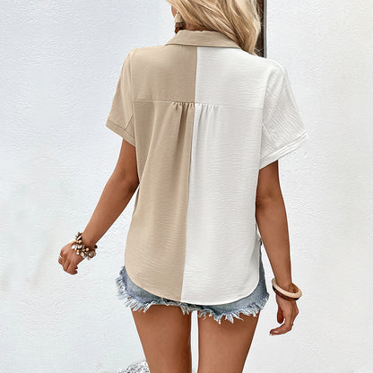 Two-Tone Button-Down Shirt with Short Sleeves