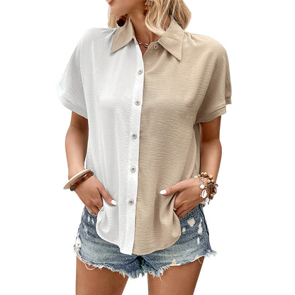 Two-Tone Button-Down Shirt with Short Sleeves