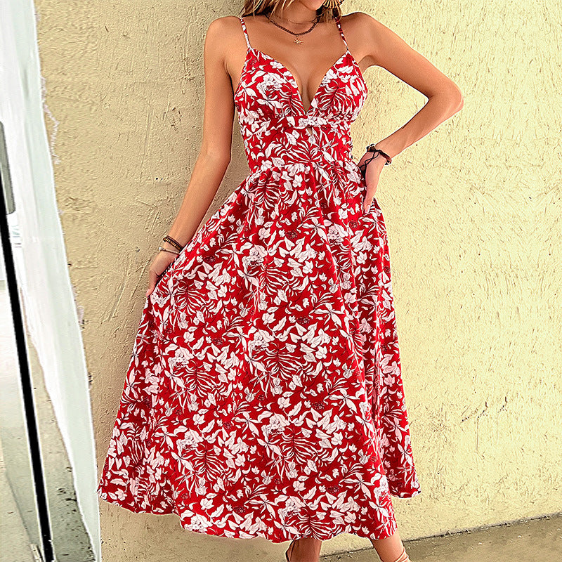 Floral A-Line Midi Dress with V-Neck and Slit