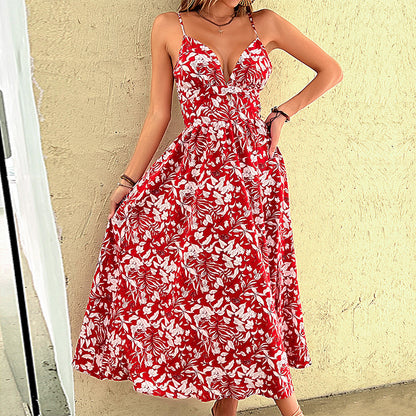 Floral A-Line Midi Dress with V-Neck and Slit