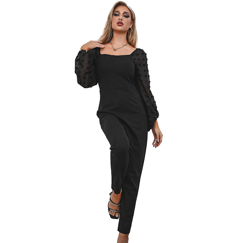Slim-Fit Jumpsuit with Square Neck and Sheer Swiss Dot Sleeves