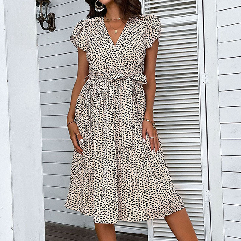 Leopard Print A-Line Midi Dress with V-Neck and Tie Waist