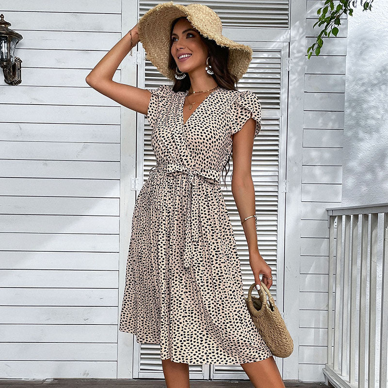 Leopard Print A-Line Midi Dress with V-Neck and Tie Waist