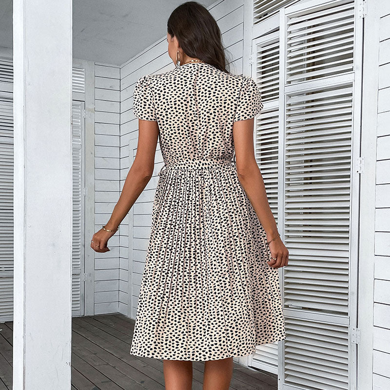 Leopard Print A-Line Midi Dress with V-Neck and Tie Waist