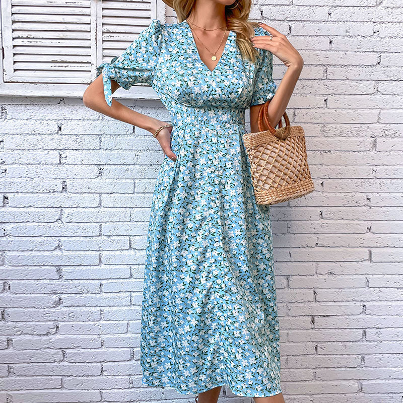 A-Line Floral Midi Dress with V-Neck and Tie Sleeves