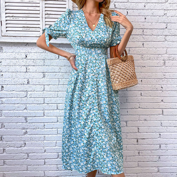 A-Line Floral Midi Dress with V-Neck and Tie Sleeves